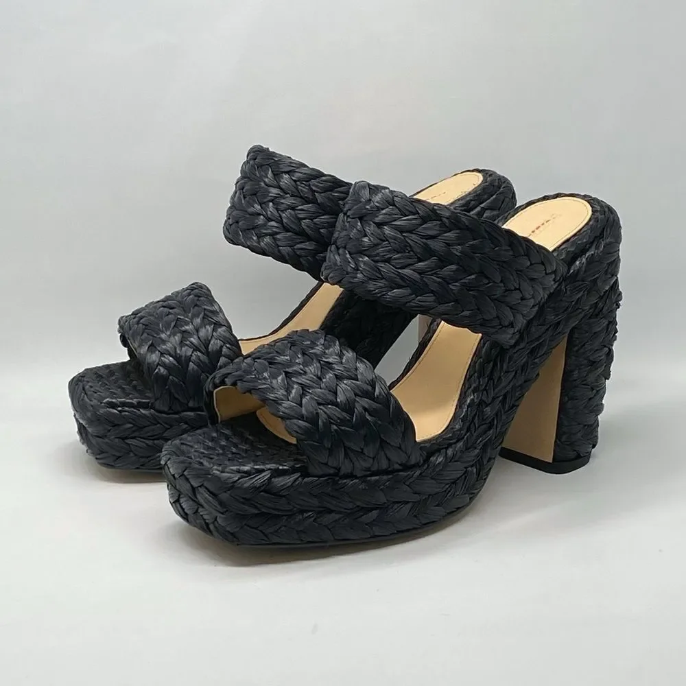 Bottega Veneta Trinity Weave Black Raffia Platform Sandals size 38